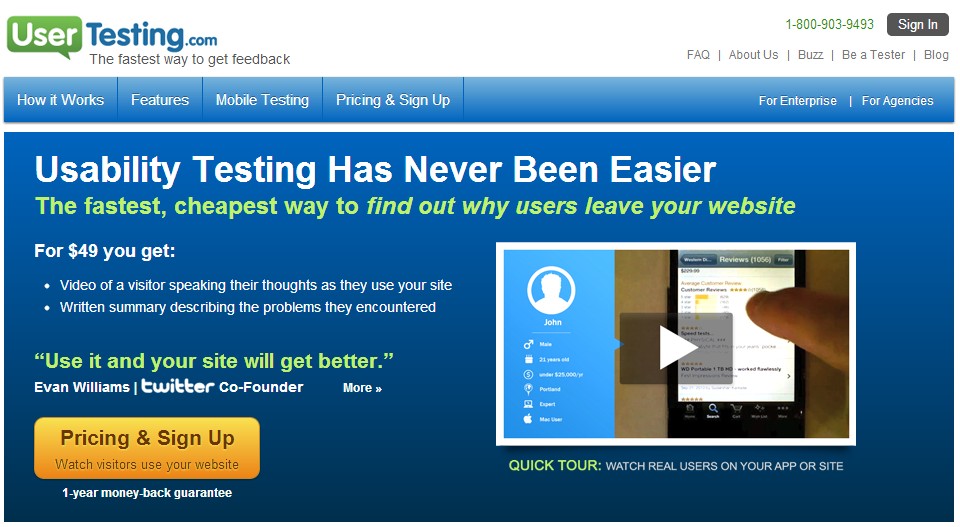 Landing page of User Testing.com - crowdsourced usability testing